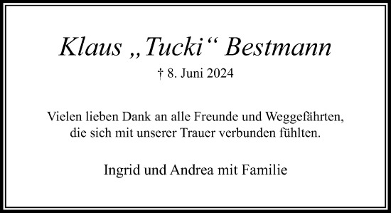 Traueranzeige von Klaus Bestmann von Stormaner Tageblatt