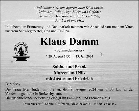 Traueranzeige von Klaus Damm von Eckernförder Zeitung, Hallo Eckernförde