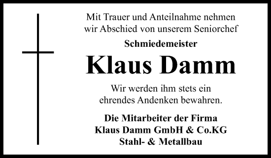 Traueranzeige von Klaus Damm von Eckernförder Zeitung