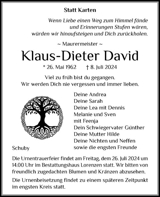 Traueranzeige von Klaus-Dieter David von Region Flensburg