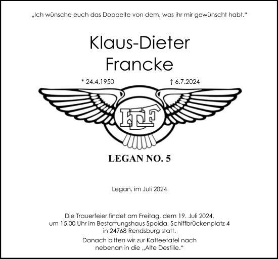 Traueranzeige von Klaus-Dieter Francke von Schleswig-Holsteinische Landeszeitung
