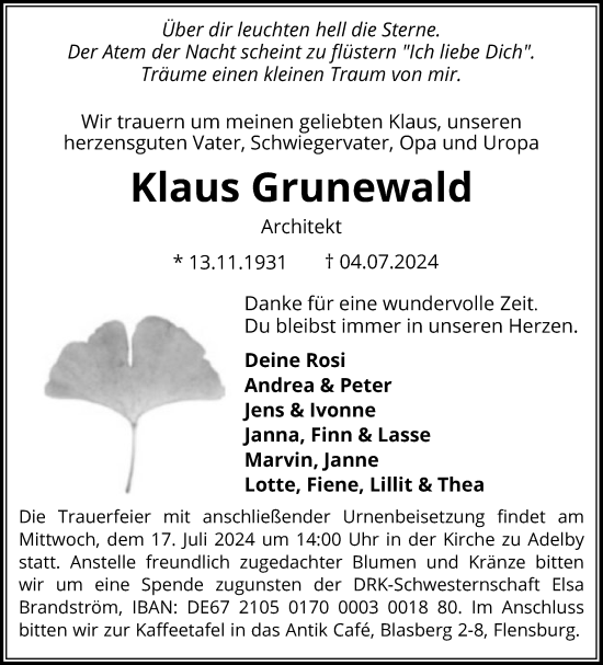 Traueranzeige von Klaus Grunewald von Flensburger Tageblatt