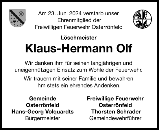 Traueranzeige von Klaus-Hermann Olf von Schleswig-Holsteinische Landeszeitung