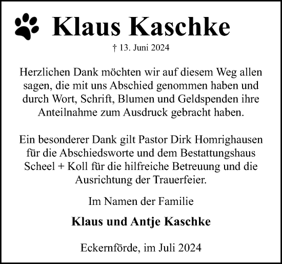 Traueranzeige von Klaus Kaschke von Eckernförder Zeitung, Hallo Eckernförde
