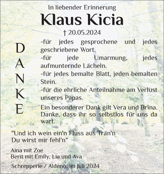 Traueranzeige von Klaus Kicia von Schleswiger Nachrichten, Schlei-Bote