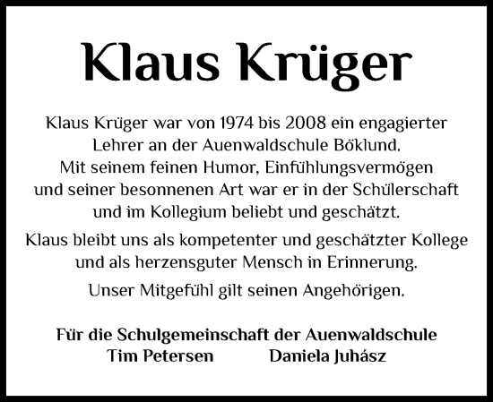 Traueranzeige von Klaus Krüger von Flensburger Tageblatt, Schleswiger Nachrichten, Schlei-Bote