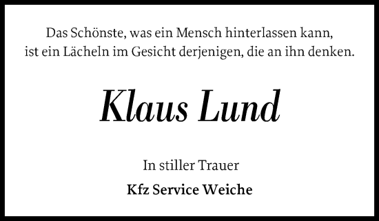 Traueranzeige von Klaus Lund von Flensburger Tageblatt