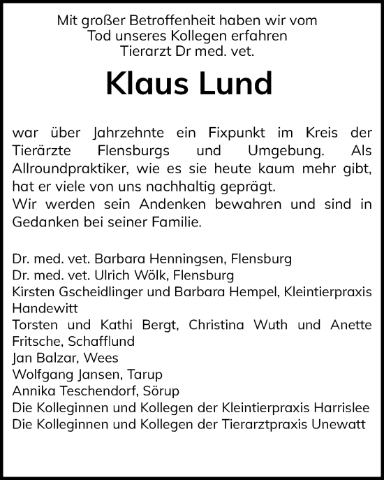 Traueranzeige von Klaus Lund von Flensburger Tageblatt