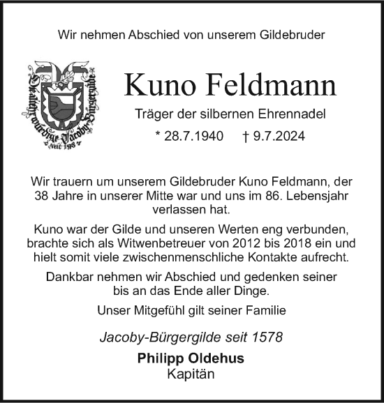 Traueranzeige von Kuno Feldmann von Holsteinischer Courier