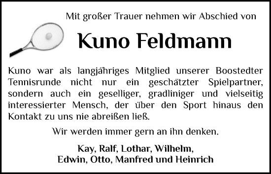 Traueranzeige von Kuno Feldmann von Holsteinischer Courier