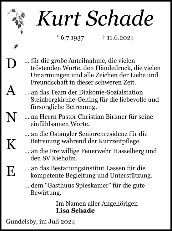 Traueranzeige von Kurt Schade von Schleswiger Nachrichten, Schlei-Bote