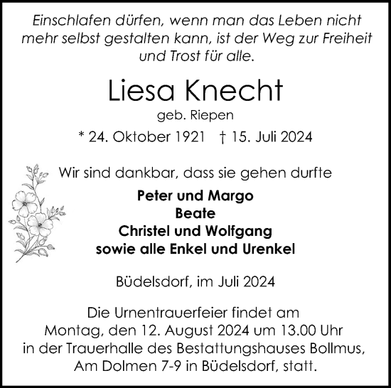 Traueranzeige von Liesa Knecht von Schleswig-Holsteinische Landeszeitung