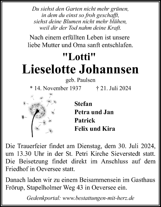 Traueranzeige von Lieselotte Johannsen von Flensburger Tageblatt