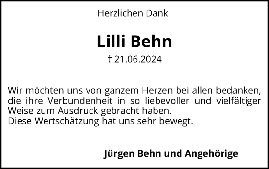 Traueranzeige von Lilli  Behn von Region Pinneberg und tip Pinneberg