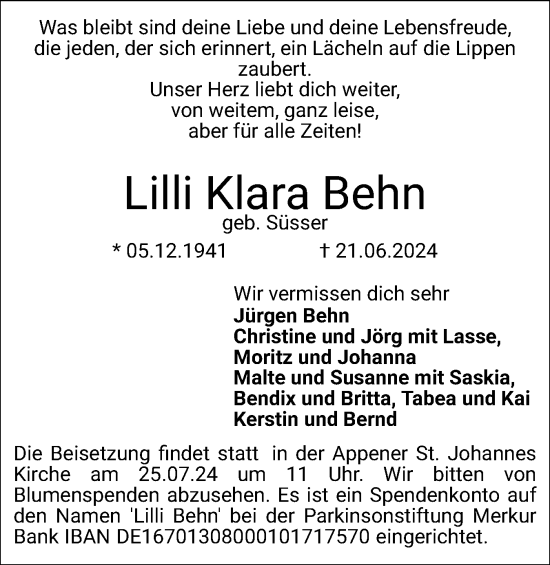 Traueranzeige von Lilli  Behn von Region Pinneberg und tip Pinneberg