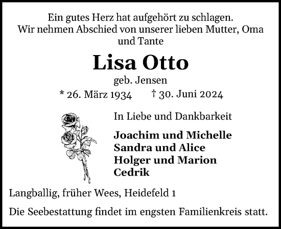 Traueranzeige von Lisa Otto von Flensburger Tageblatt