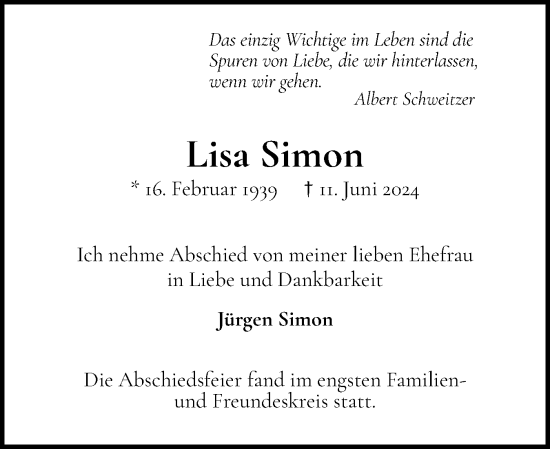 Traueranzeige von Lisa Simon von Wedel-Schulauer Tageblatt, tip Wedel-Schulauer Tageblatt, tip Rissener Rundschau