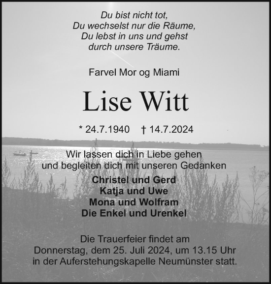 Traueranzeige von Lise Witt von Holsteinischer Courier