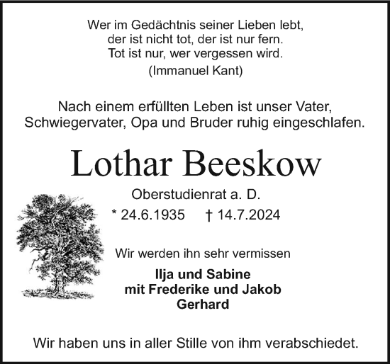 Traueranzeige von Lothar Beeskow von Holsteinischer Courier