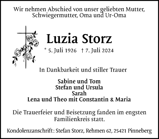 Traueranzeige von Luzia Storz von Region Pinneberg und tip Pinneberg