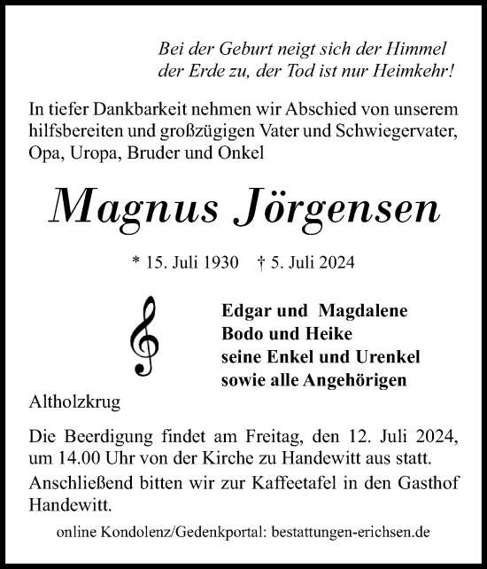 Traueranzeige von Magnus Jörgensen von Flensburger Tageblatt
