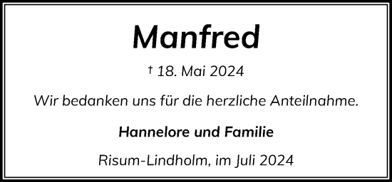 Traueranzeige von Manfred  von Husumer Nachrichten, Nordfriesland Tageblatt