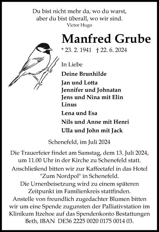 Traueranzeige von Manfred Grube von Norddeutsche Rundschau, Wilstersche Zeitung, Glückstädter Fortuna