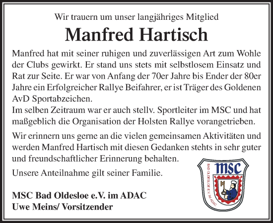 Traueranzeige von Manfred Hartisch von Stormaner Tageblatt