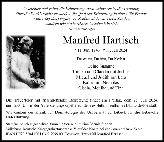Traueranzeige von Manfred Hartisch von Stormaner Tageblatt