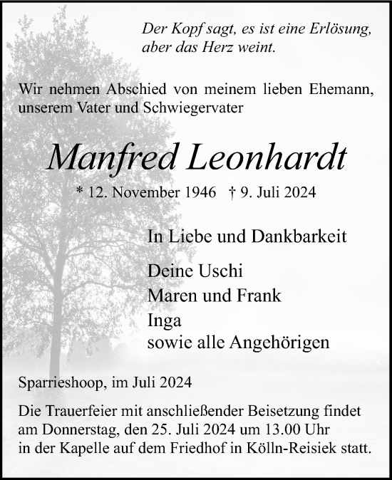 Traueranzeige von Manfred Leonhardt von Elmshorner Nachrichten, Barmstedter Zeitung