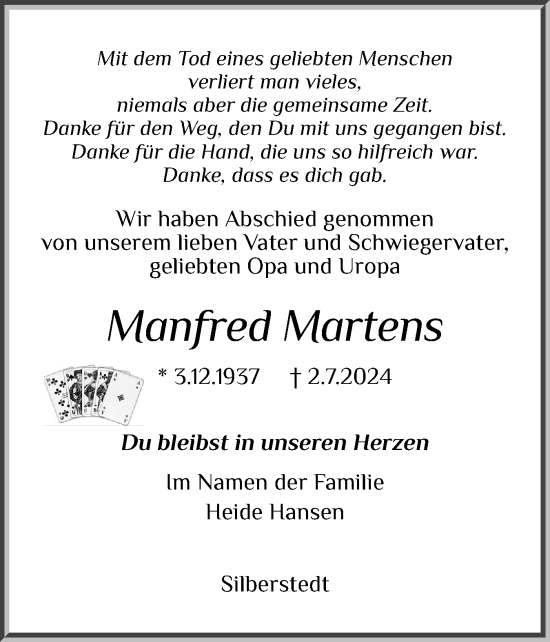 Traueranzeige von Manfred Martens von Schleswiger Nachrichten, Schlei-Bote