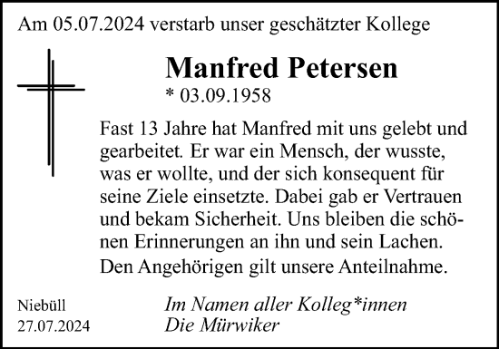 Traueranzeige von Manfred Petersen von Husumer Nachrichten, Nordfriesland Tageblatt