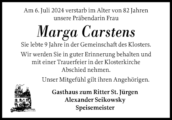Traueranzeige von Marga Carstens von Husumer Nachrichten, Nordfriesland Tageblatt