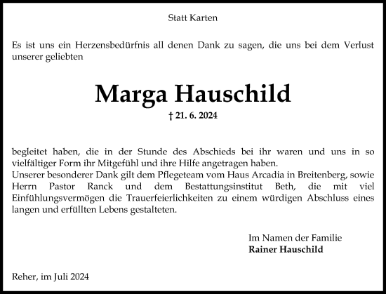Traueranzeige von Marga Hauschild von Norddeutsche Rundschau, Wilstersche Zeitung, Glückstädter Fortuna
