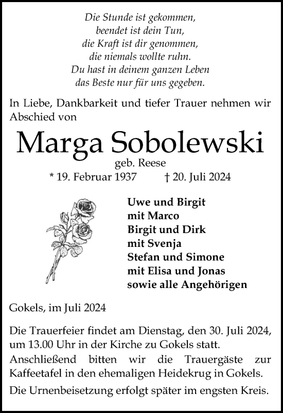 Traueranzeige von Marga Sobolewski von Schleswig-Holsteinische Landeszeitung