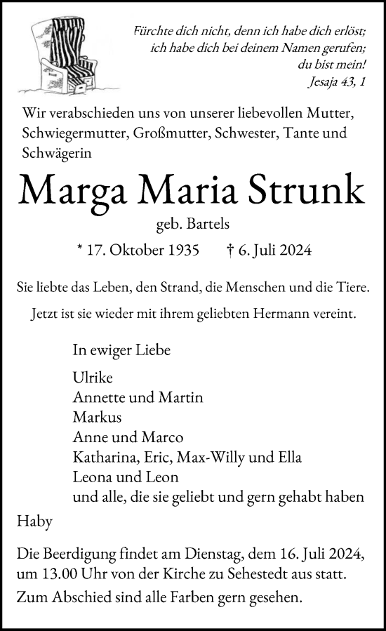 Traueranzeige von Marga Maria Strunk von Eckernförder Zeitung, Hallo Eckernförde