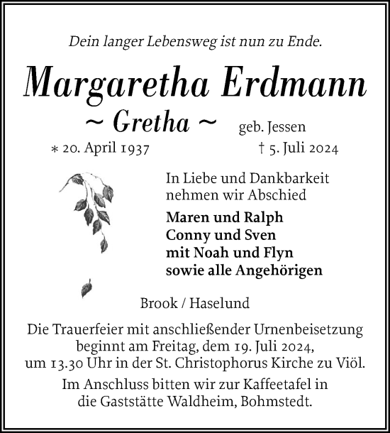 Traueranzeige von Margaretha Erdmann von Husumer Nachrichten, Nordfriesland Tageblatt