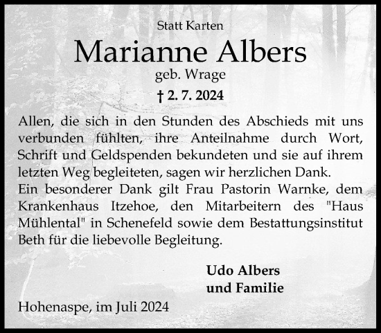 Traueranzeige von Marianne Albers von Norddeutsche Rundschau, Wilstersche Zeitung, Glückstädter Fortuna
