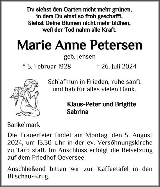 Traueranzeige von Marie Anne Petersen von Flensburger Tageblatt, Schleswiger Nachrichten, Schlei-Bote