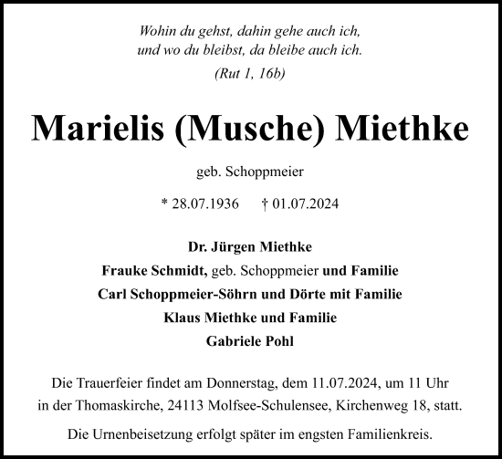 Traueranzeige von Marielis Miethke von Schleswiger Nachrichten, Schlei-Bote
