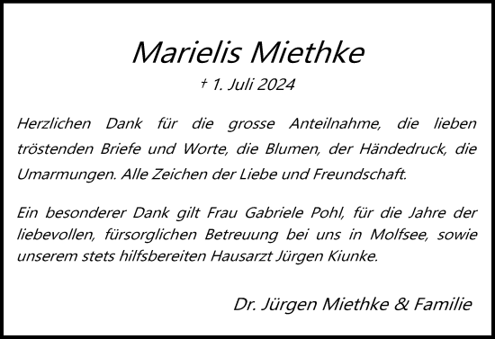 Traueranzeige von Marielis Miethke von Schleswiger Nachrichten, Schlei-Bote