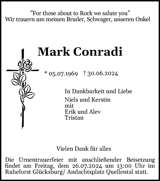 Traueranzeige von Mark Conradi von Flensburger Tageblatt