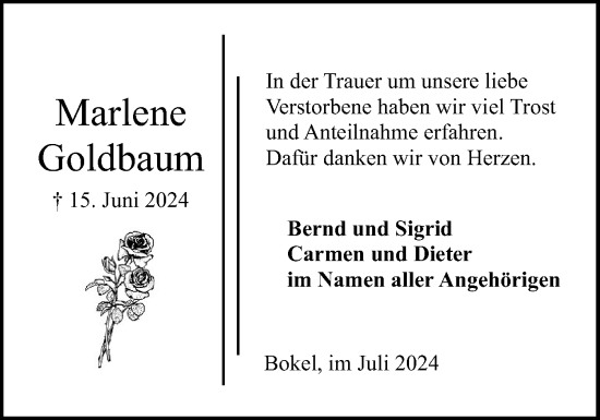 Traueranzeige von Marlene Goldbaum von Elmshorner Nachrichten, Barmstedter Zeitung