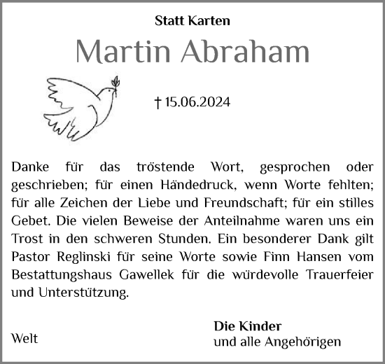 Traueranzeige von Martin Abraham von Husumer Nachrichten, Nordfriesland Tageblatt