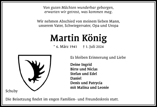 Traueranzeige von Martin König von Schleswiger Nachrichten, Schlei-Bote