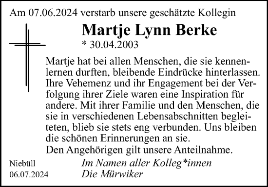Traueranzeige von Martje Lynn Berke von Husumer Nachrichten, Nordfriesland Tageblatt
