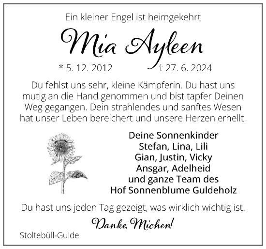 Traueranzeige von Mia Ayleen  von Schleswiger Nachrichten, Schlei-Bote