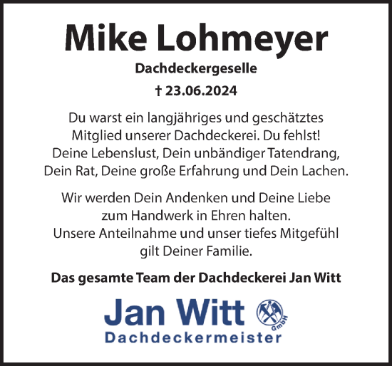 Traueranzeige von Mike Lohmeyer von Schleswig-Holsteinische Landeszeitung