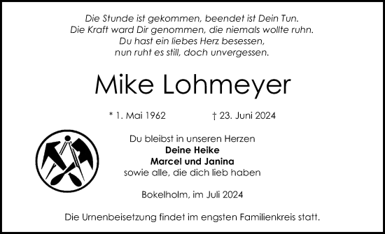 Traueranzeige von Mike Lohmeyer von Schleswig-Holsteinische Landeszeitung