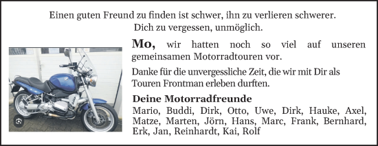 Traueranzeige von Mo  von Region Westküste